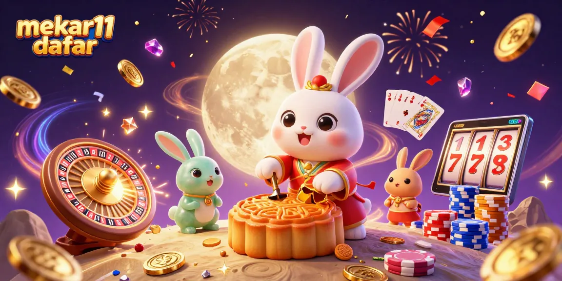 Engage in a vibrant casino adventure with mekar11 daftar featuring a moon rabbit, poker chips, and festive elements.