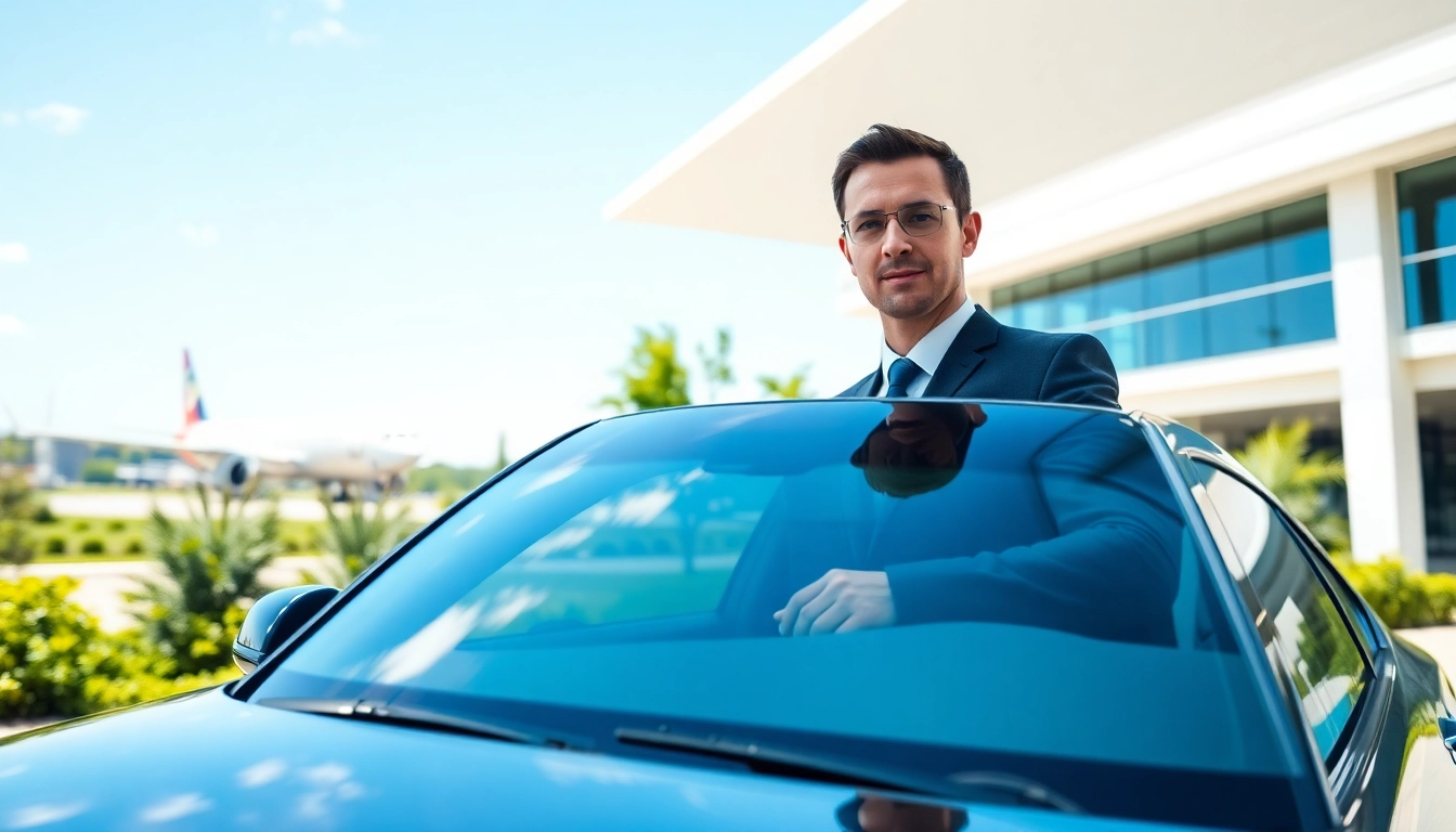 Streamlined private airport transfers by a professional chauffeur at a modern airport terminal.