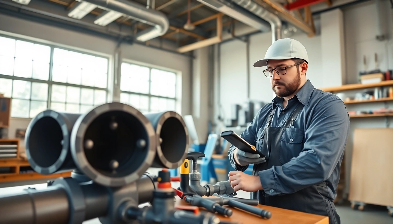 Plumbing apprenticeship hands-on training in a bright workshop with tools and pipes.