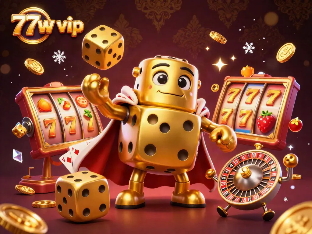 Spin the reels with 77w vip in this vibrant and dynamic casino illustration featuring golden dice and slot symbols.