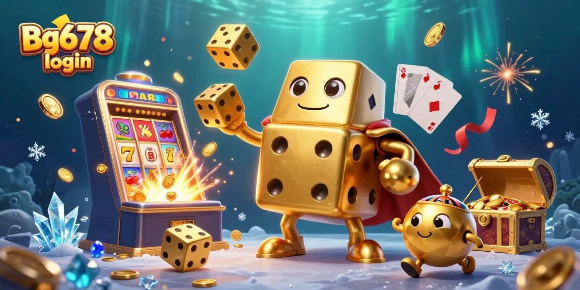 Win big with Bg678 login at a vibrant casino scene filled with golden dice, slots, and rewards.