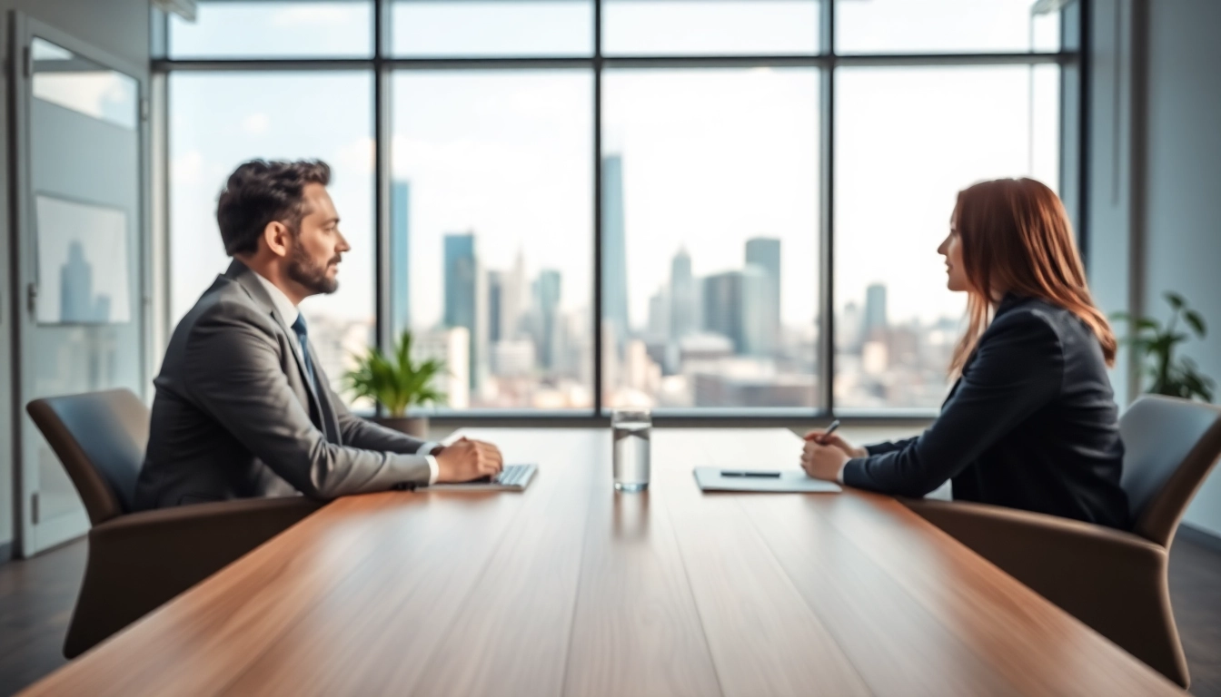 Mediation session in a modern office with a mediator engaging two parties.