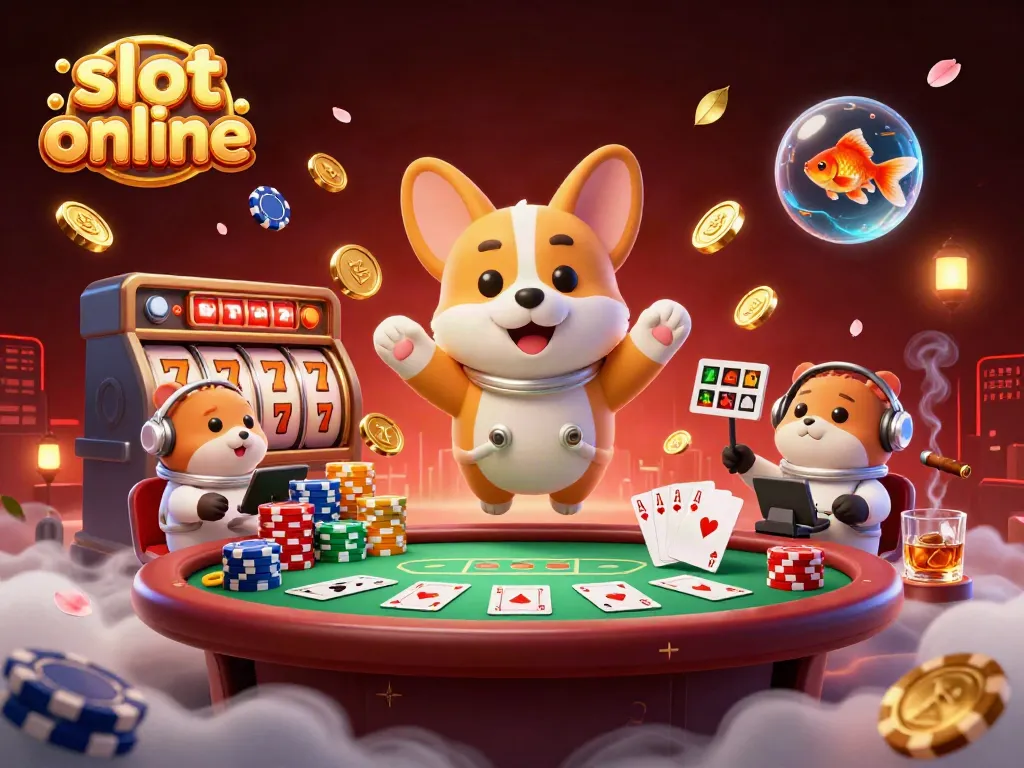 Gambar slot online yang menunjukkan corgi astronot dan karakter kasino dalam suasana permainan yang meriah.