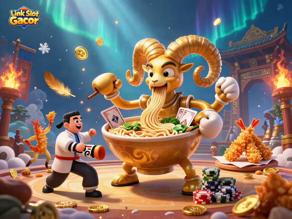 Ilustrasi 3D yang menampilkan Link Slot Gacor dengan karakter unik dalam suasana kasino yang meriah.