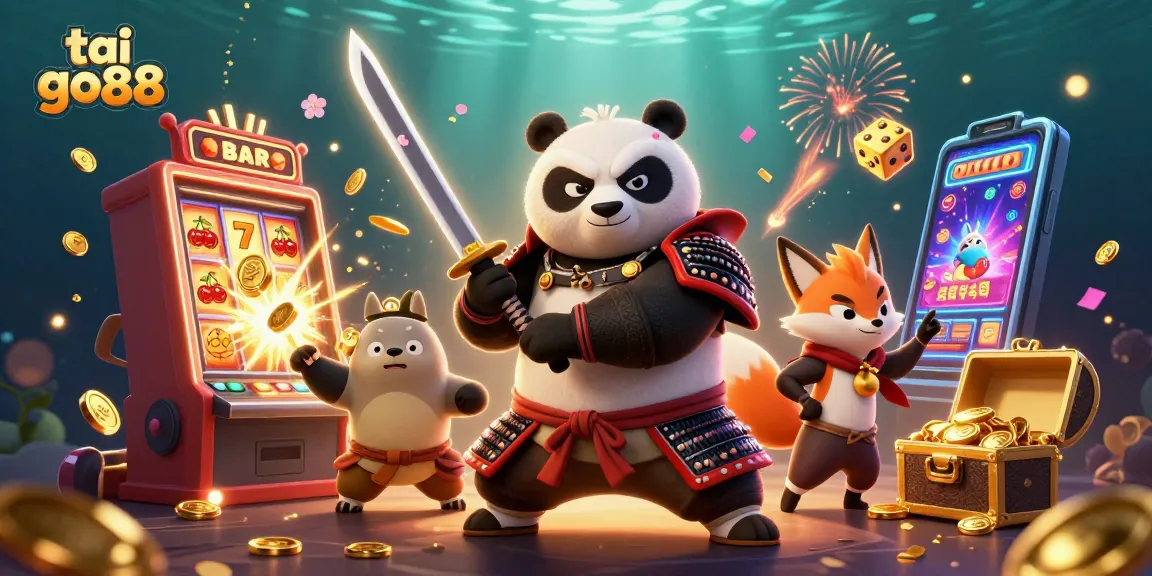 Experience the excitement of tai go88 with a ninja fox, samurai panda, and magical tanuki amidst casino riches.