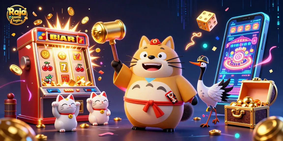 Play Raja game login with cheerful characters and dynamic slot machine action.