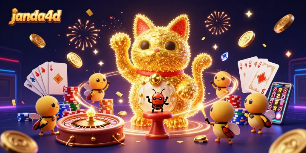 Raih kemenangan di janda4d dengan kucing keberuntungan dan simbol kasino yang menarik.