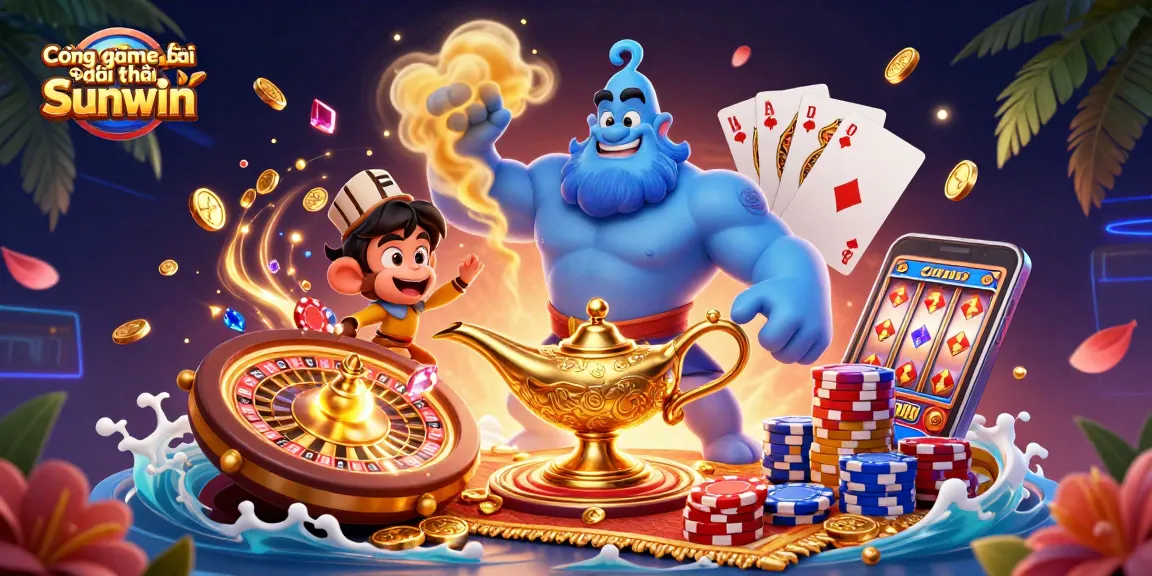 Cổng game bài đổi thưởng Sunwin features a dynamic scene with a genie, monkey, and poker elements, capturing casino excitement.