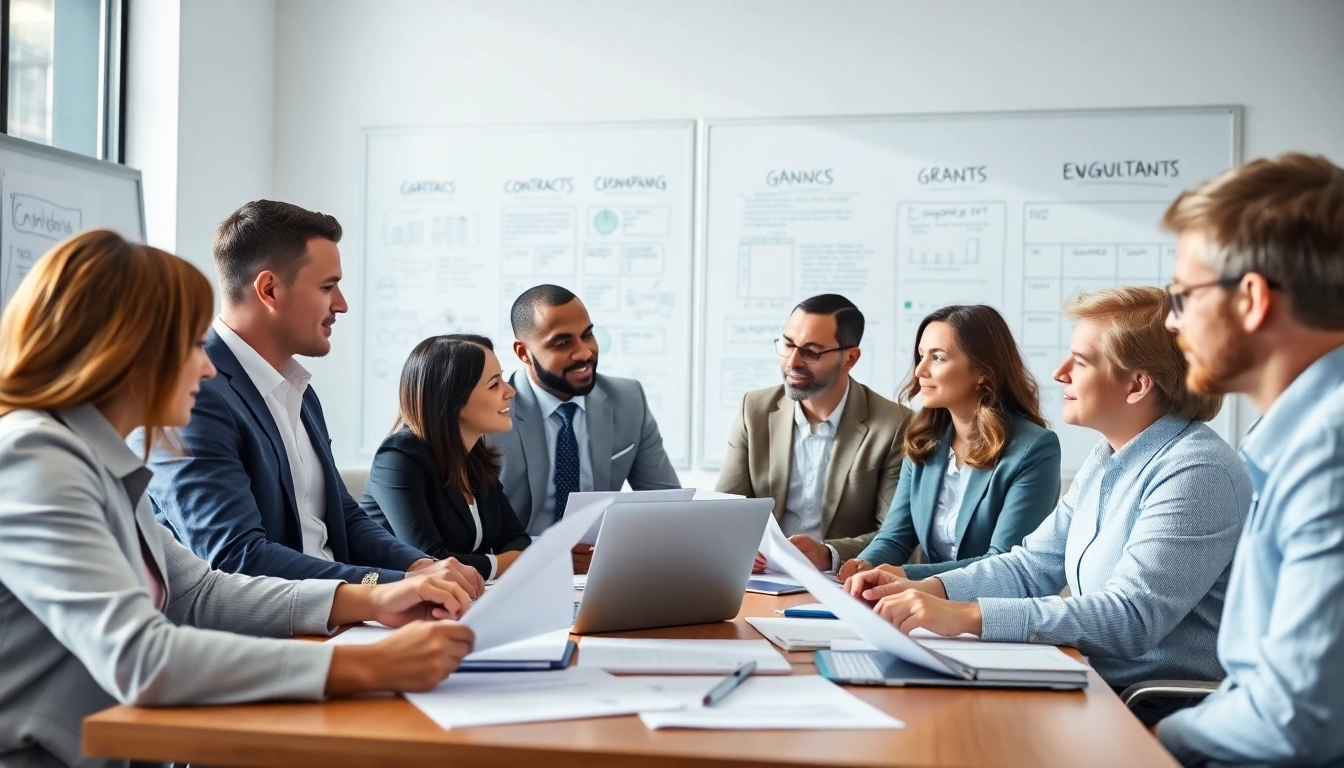 Consultants discussing strategies for Federal and State contracts and grants in a modern office.