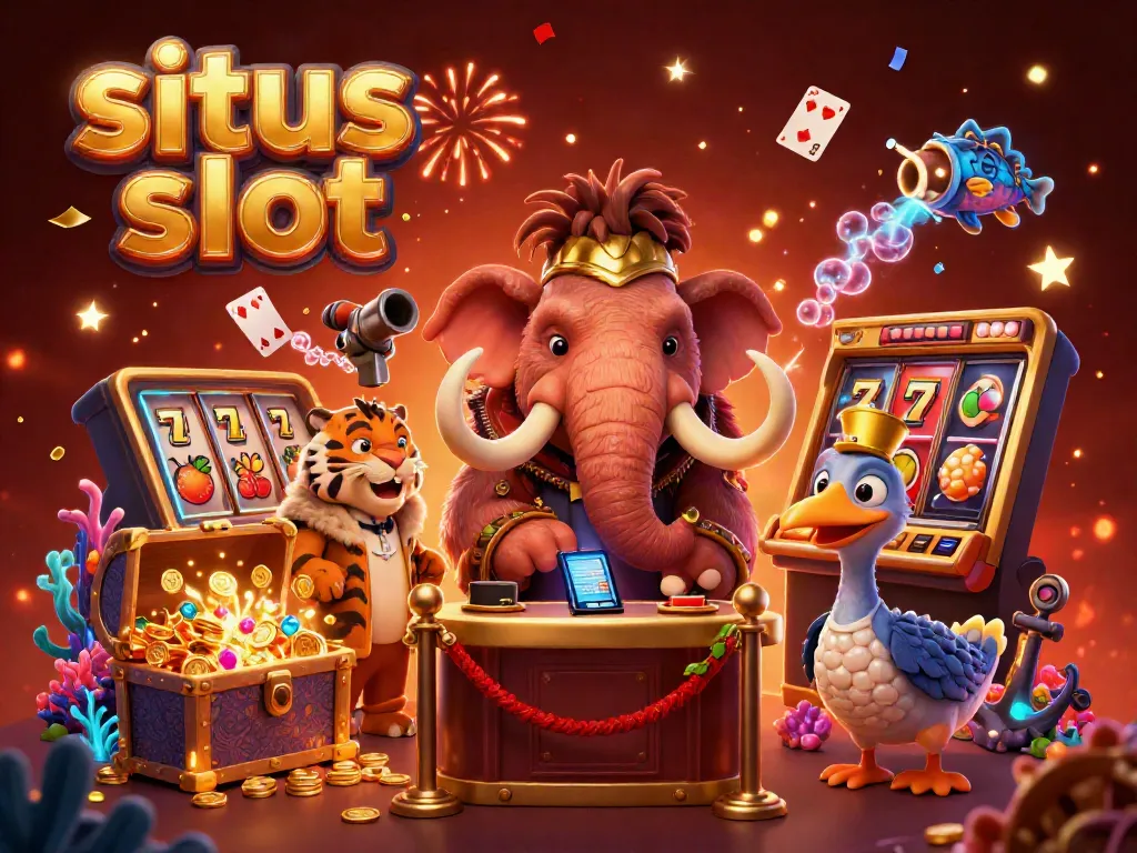 Gambaran karakter mammoth kasino dan tamu VIP di situs slot modern, penuh harta karun.