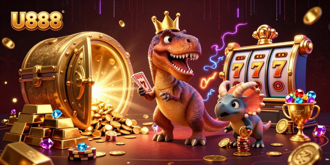 U888 casino scene with a friendly T-Rex shuffling cards, showing dynamic gaming excitement.