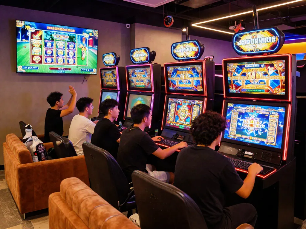 Diverse players enjoying slot online games at a vibrant gaming lounge, celebrating wins in a lively atmosphere.