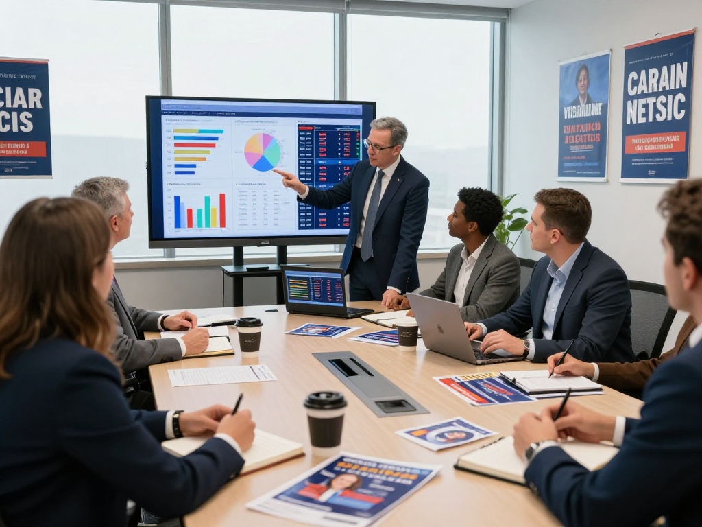 Political media buying commission analysis in a vibrant campaign office with team collaboration and voter data visualization.