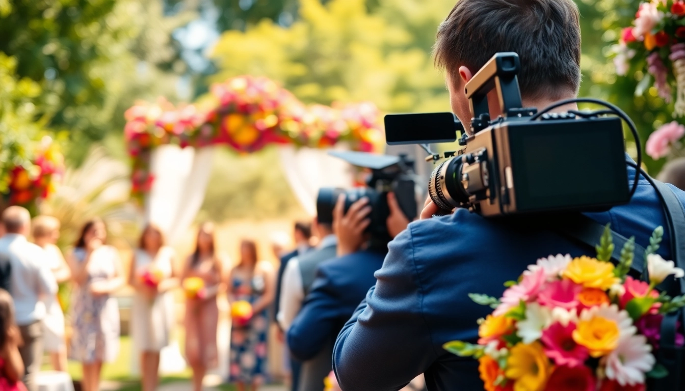 Action shot of professional videographers in Toronto capturing a wedding event in a stunning garden setting.