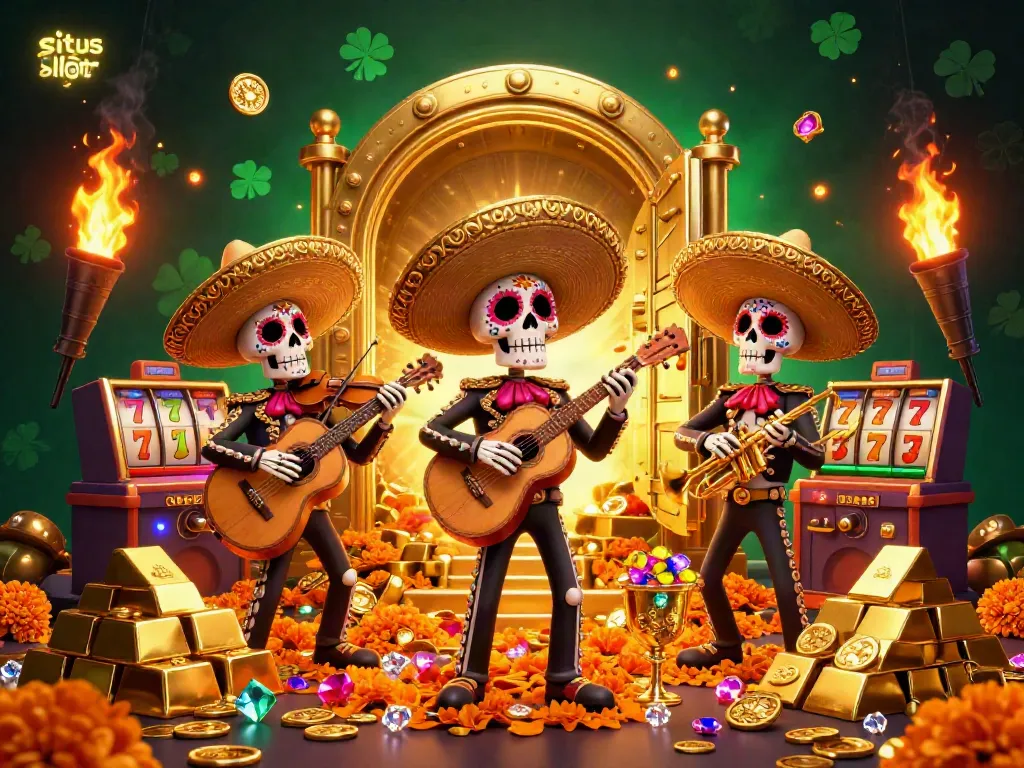 Experience vibrant casino action with a skeleton mariachi band celebrating situs slot amidst gold treasures and jewels.