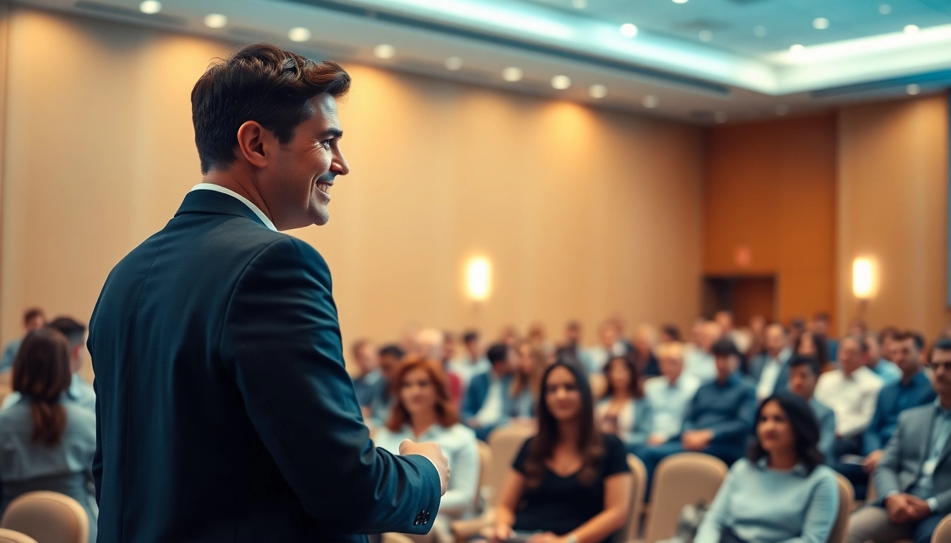 Overcoming Fear of Public Speaking is illustrated by a confident speaker engaging an attentive audience in a bright conference hall.