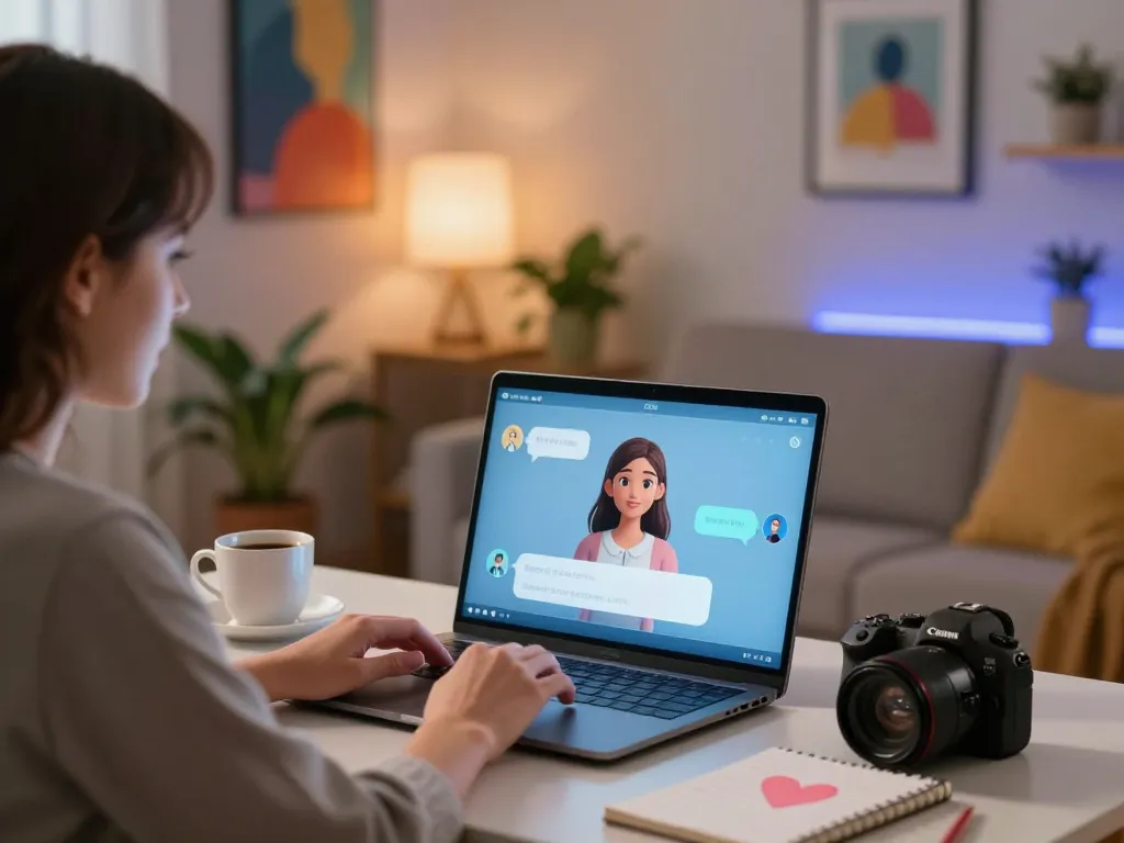 Engaging scene of a user interacting with an AI girlfriend chatbot in a cozy virtual setting, highlighting technology and connection.