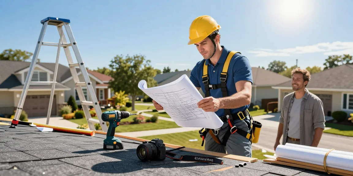 Professional roofing contractor inspecting a residential roof with safety gear and tools to ensure quality service.