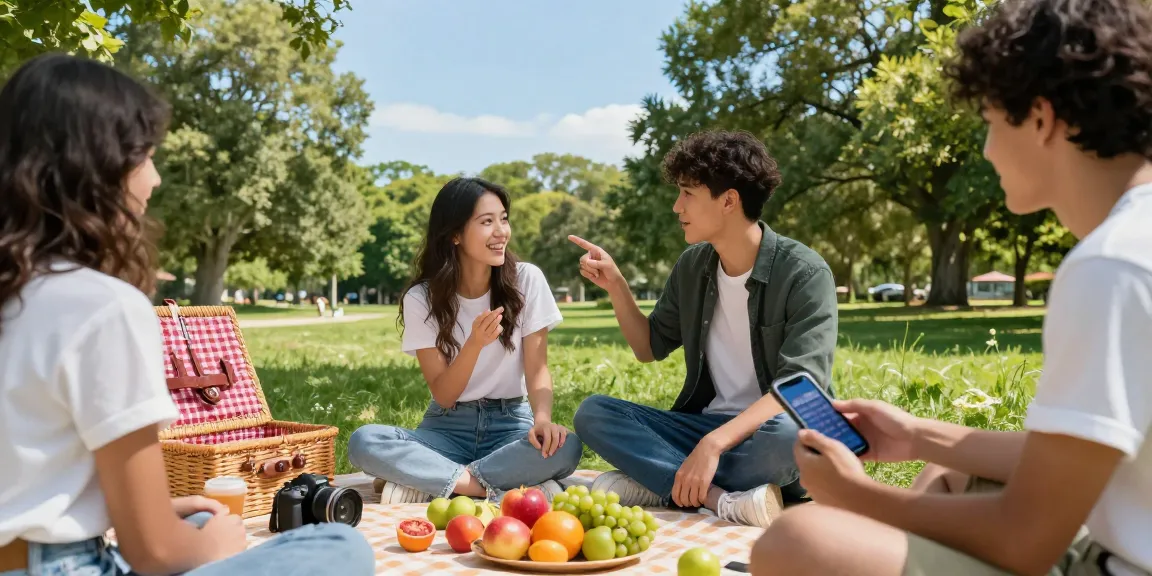 Young friends enjoying a sunny picnic while discussing crush on dating apps, showcasing a lively outdoor atmosphere.