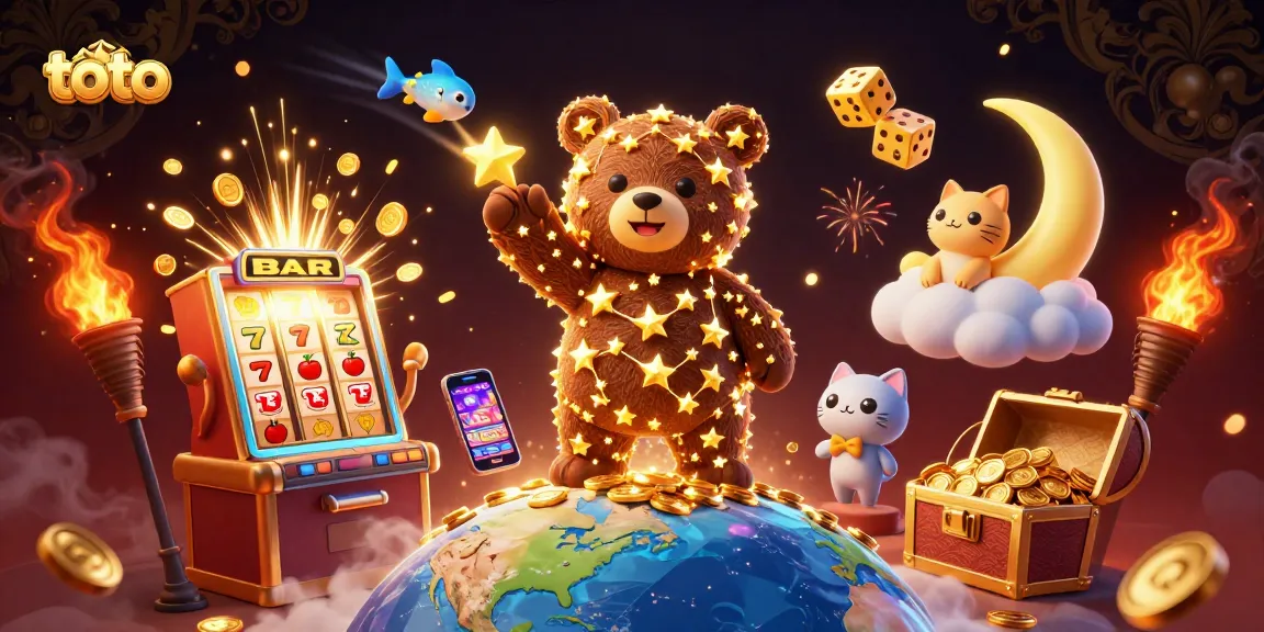 Spin the jackpot of toto-themed slot machine with a sparkling constellation bear and moon cat.