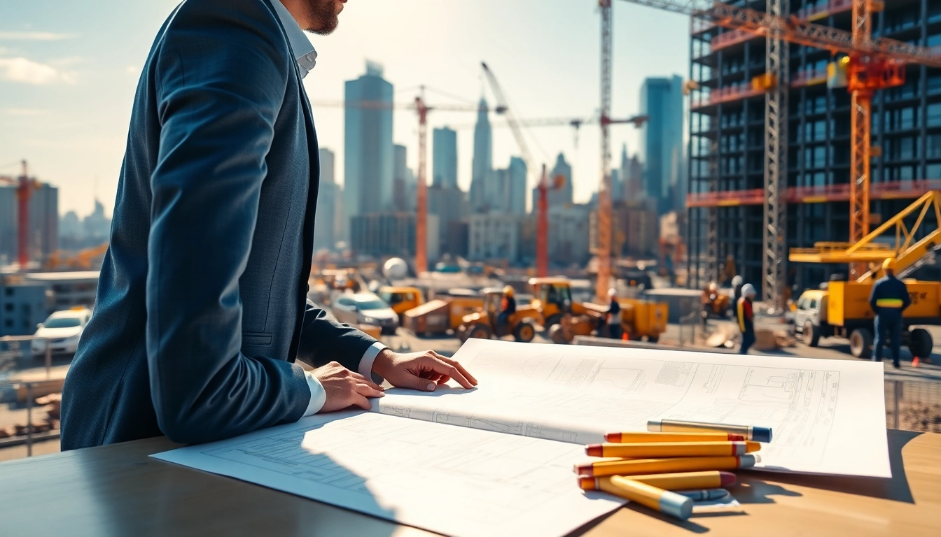 New York Construction Manager supervising a vibrant construction site with workers and machinery.