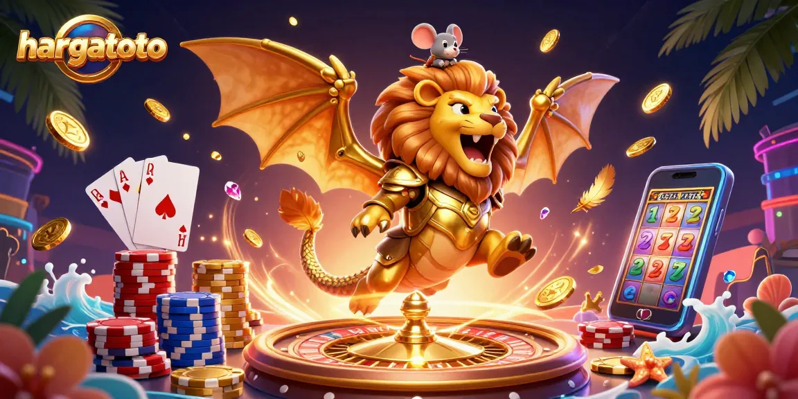 Experience thrilling gaming at hargatoto with a dynamic scene of casino excitement featuring golden coins and a chimera creature.