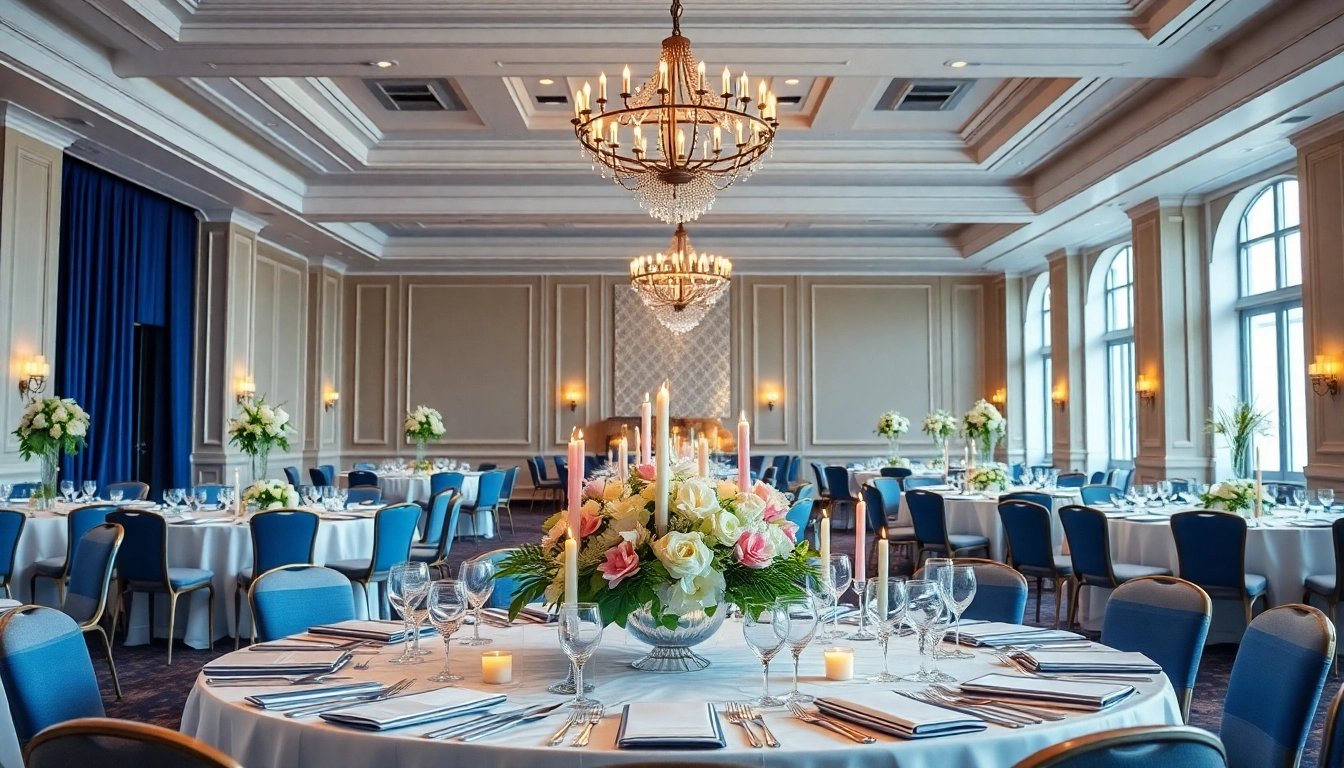 Veranschaulichen Sie eine elegante Eventlocation mit festlicher Tischdekoration und warmem Licht.
