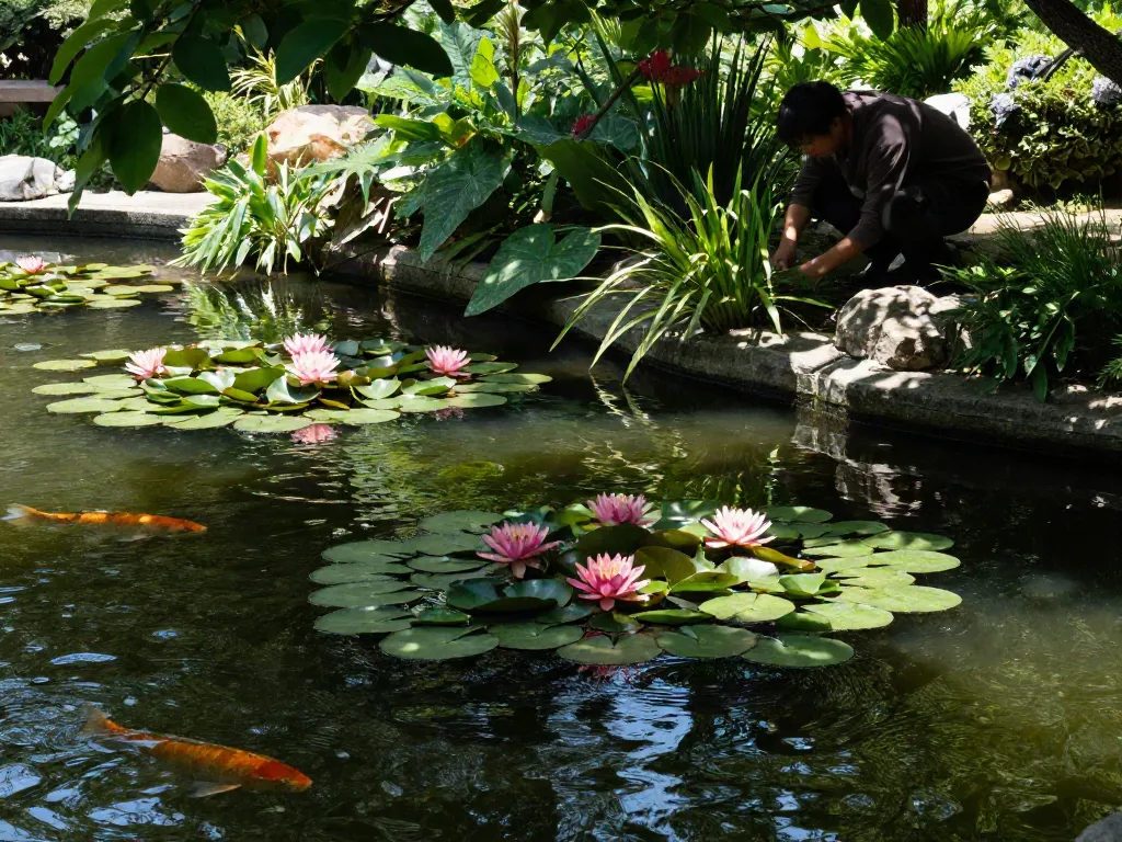Water lilies blooming on a tranquil pond surface, enhancing natural beauty and serenity in the garden.