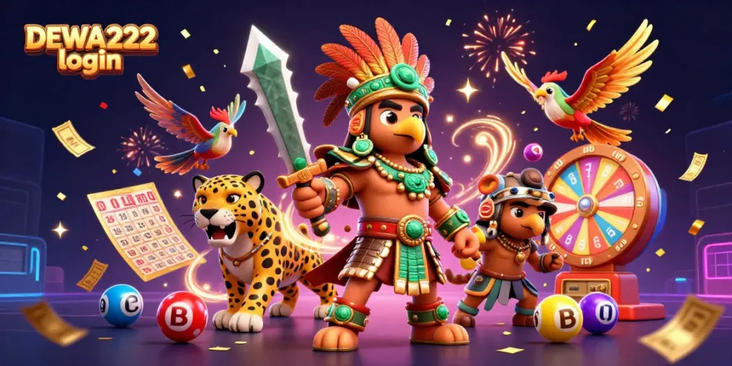 Experience the thrill of DEWA222 login with vibrant lottery games and energetic characters amidst rich casino elements.