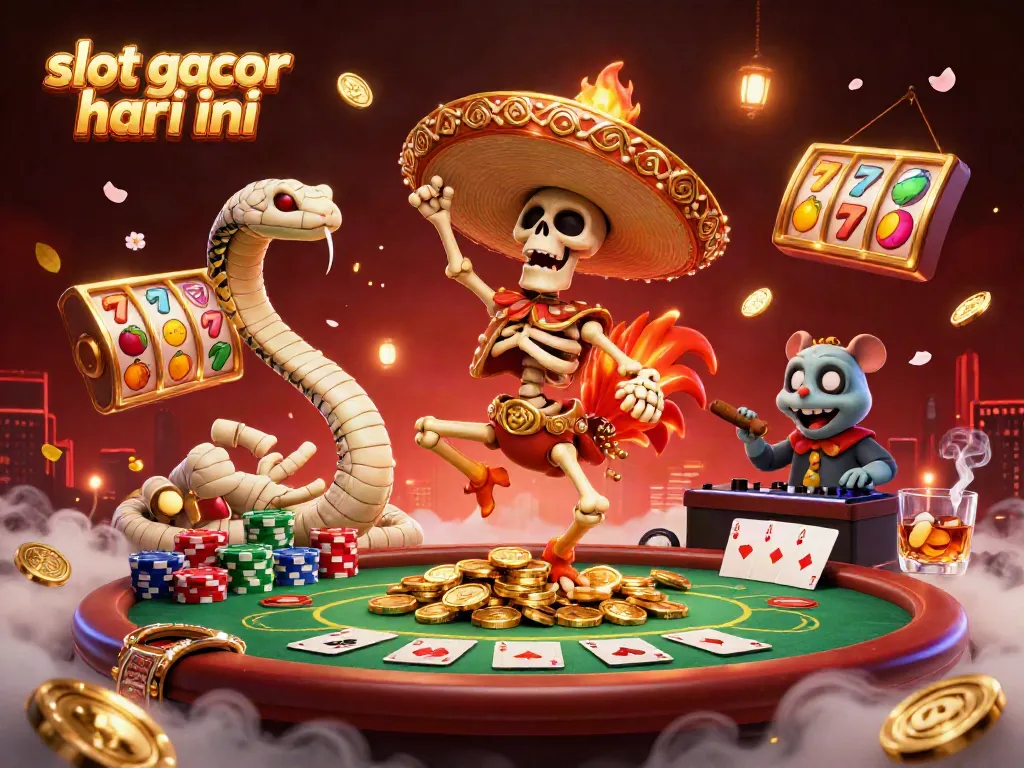 Winning at slot gacor hari ini with a 3D lively casino scene and festive characters.