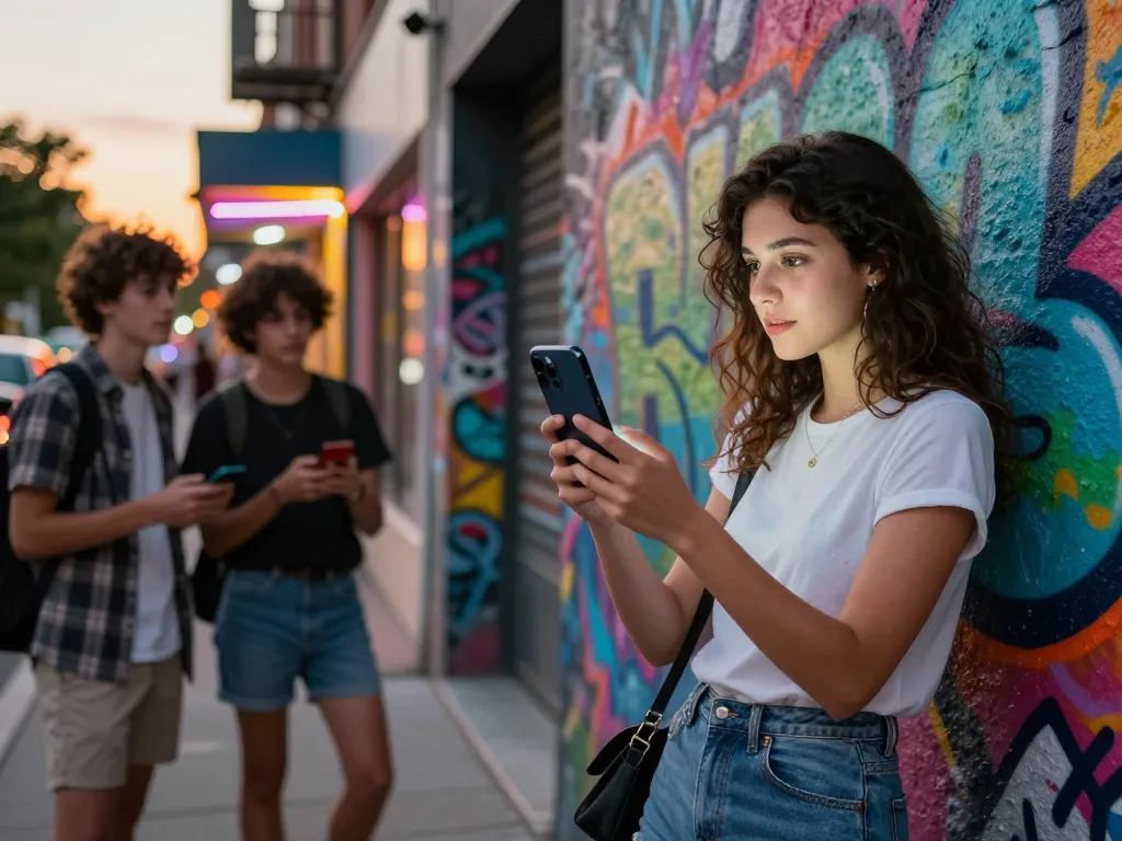 A vibrant urban scene of a woman engaging with her ai girlfriend through an augmented reality smartphone app.