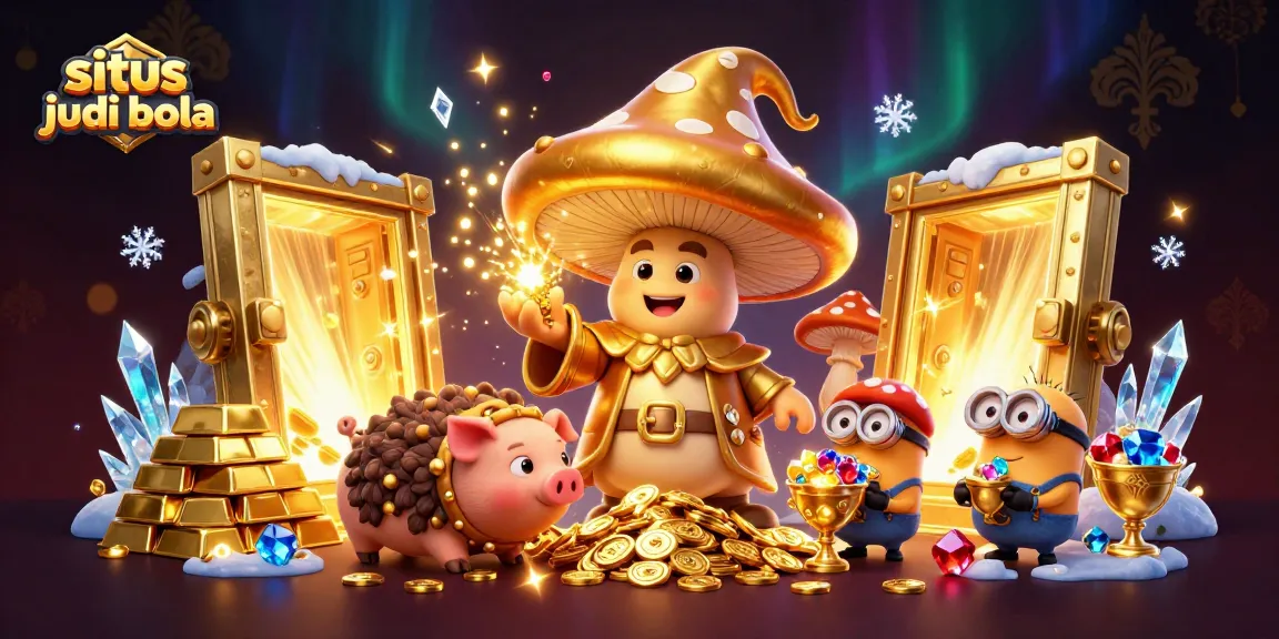 Situs judi bola showcases a magical scene with a golden mushroom wizard and treasure-filled adventure.