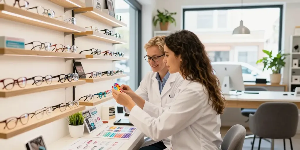 Seleção de lentes de contato em loja óptica com atendimento personalizado.