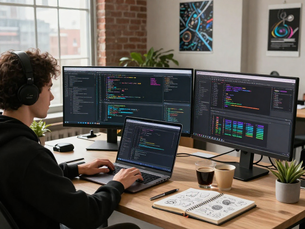 Developer engrossed in coding at a vibrant workspace showcasing crushon software solutions and tools.