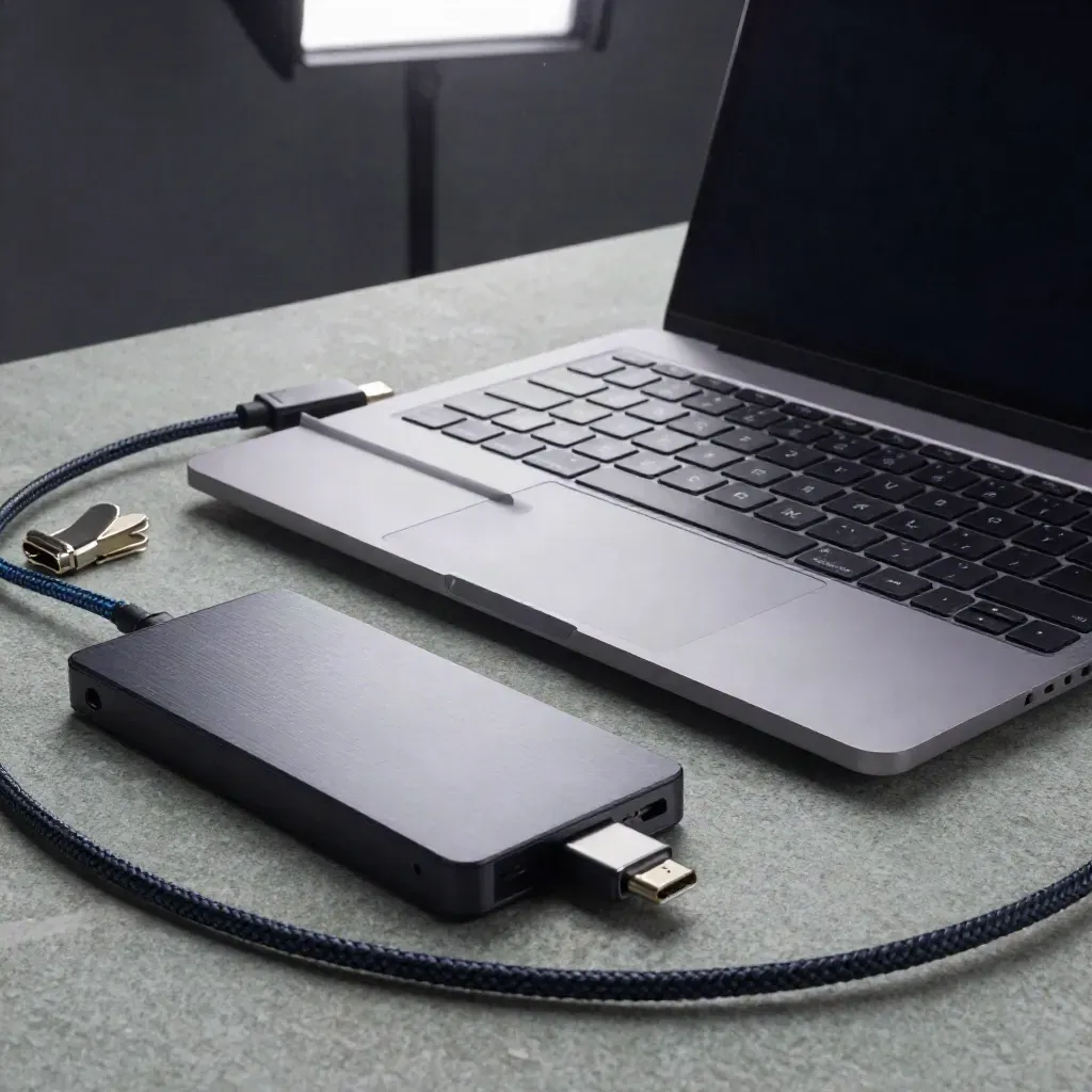 Closed developer laptop with keyboard, cable, SSD and clips on pale stone.