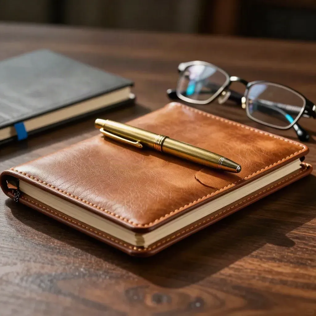 Leather folio, brass pen, notebook and glasses on walnut wood under dramatic studio light.