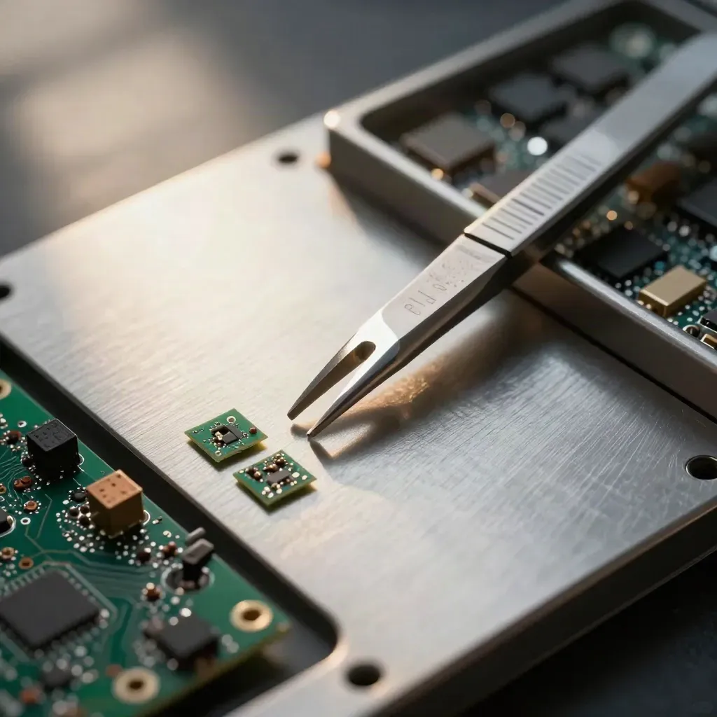 Top-down macro of tweezers, circuit-board offcuts, and a component tray on brushed metal.