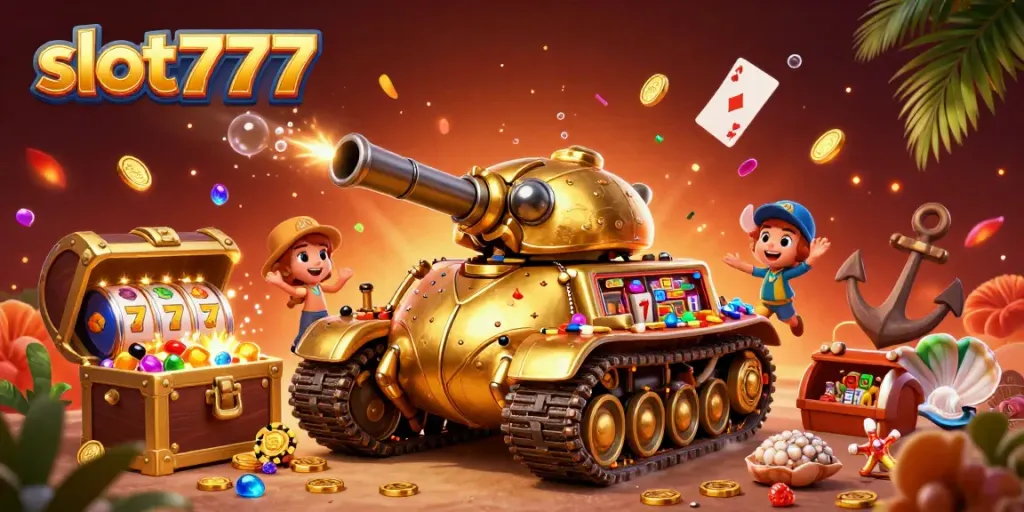 Permainan slot777 dengan mesin slot dan simbol beruntung dalam ilustrasi kasino yang menarik.