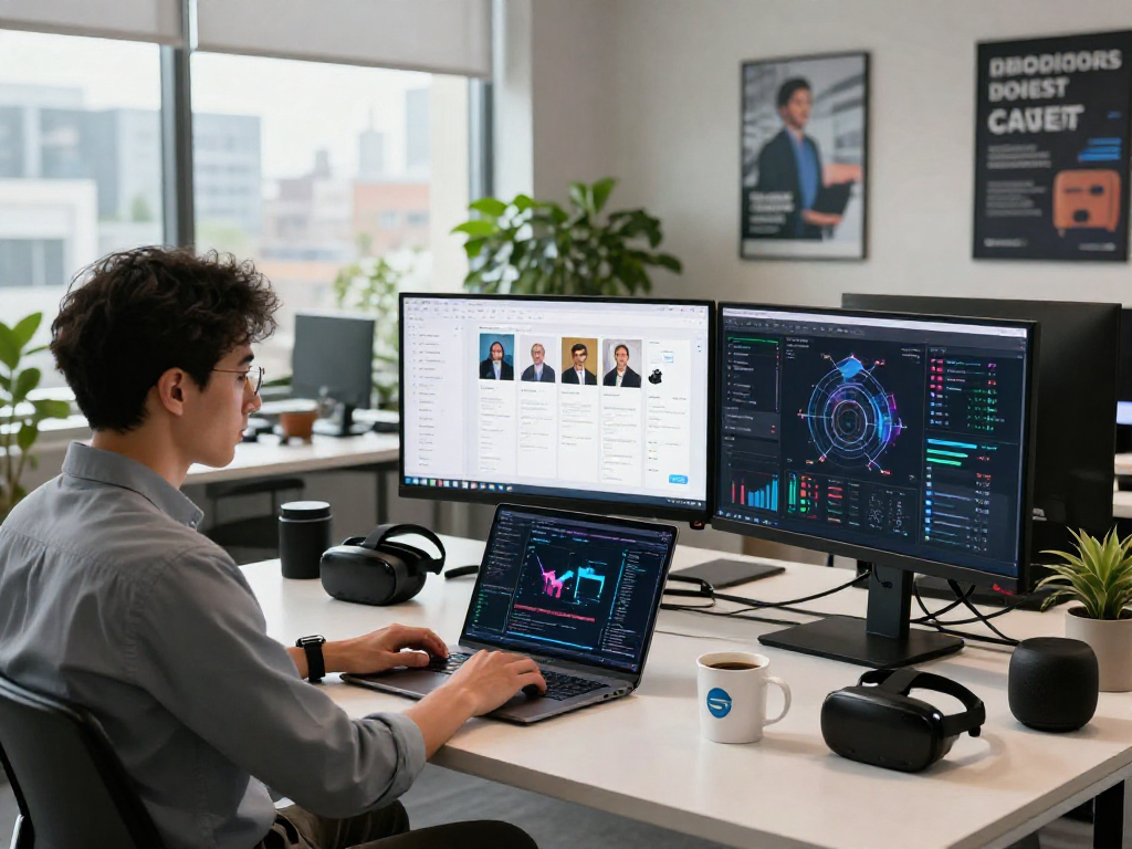 AI image detector reducing false positives in a modern tech workspace with real-time analytics.