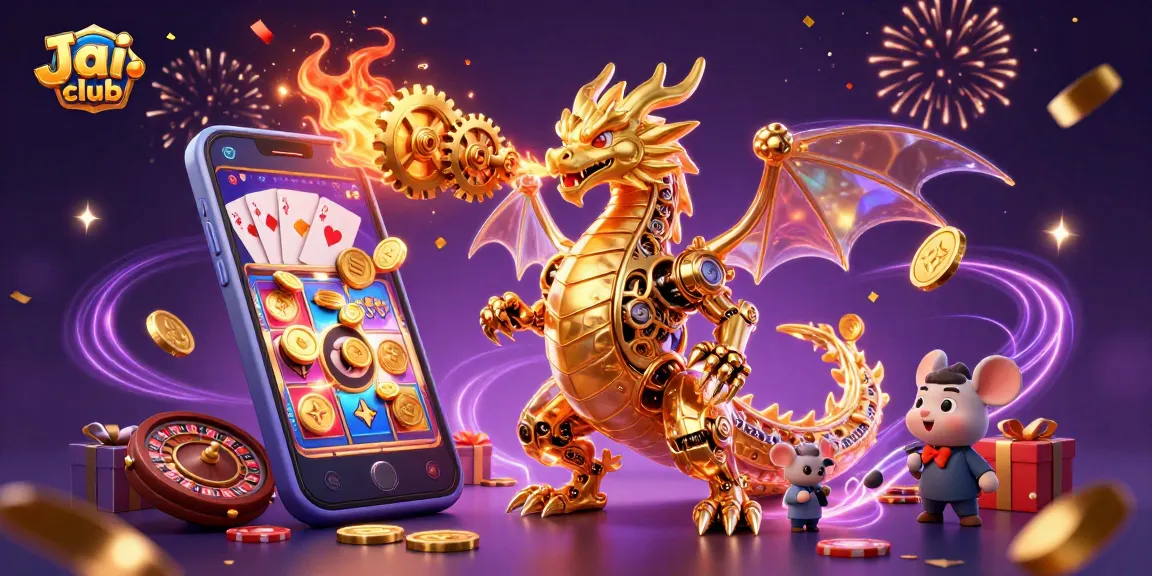 Engage with Jai club’s vibrant 3D gaming world featuring a golden dragon, mobile slots, and celebration elements.