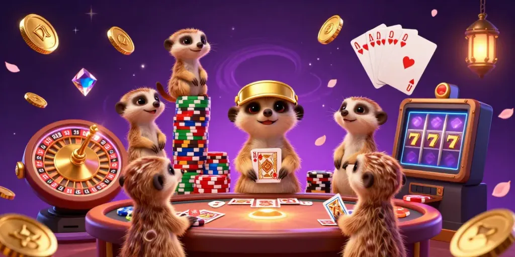 Permainan slot oleh meerkat di kasino penuh warna dengan chip dan koin bertebaran.
