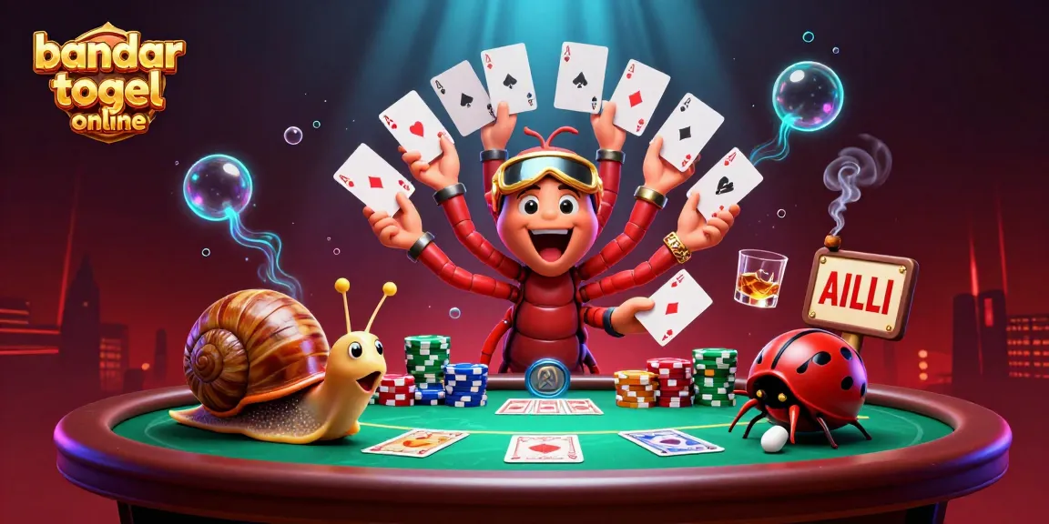 Engage with bandar togel online atmosphere in a vibrant 3D scene featuring unique characters and poker elements.