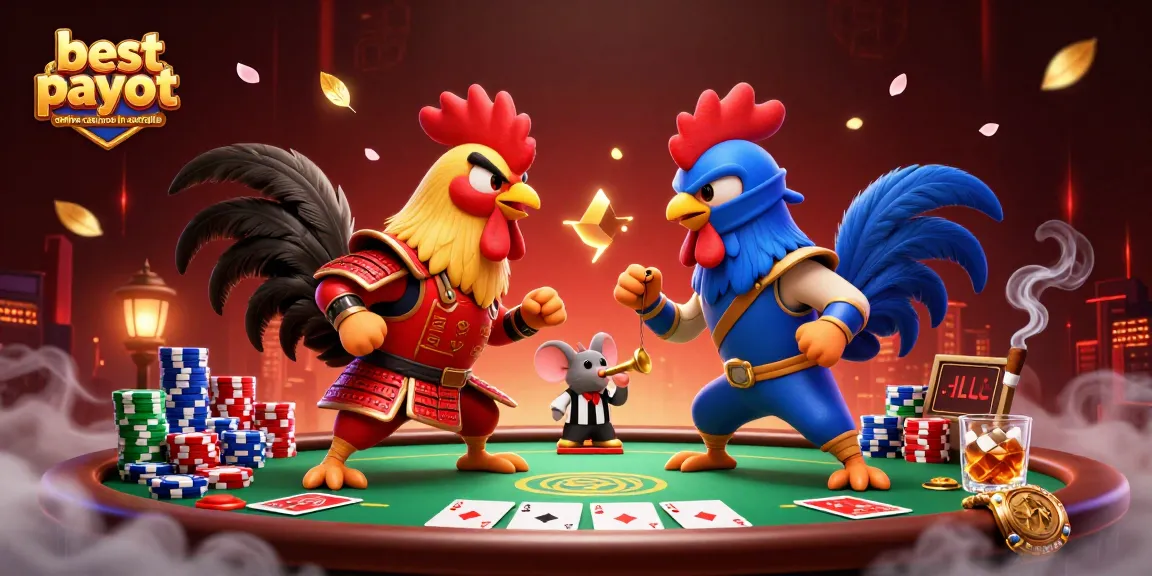 Engaging scene with cartoon roosters representing the best payout online casinos in Australia.