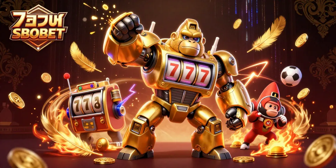 Experience exciting แทงบอล SBOBET action with a dynamic scene featuring a robot gorilla and vibrant sports elements.
