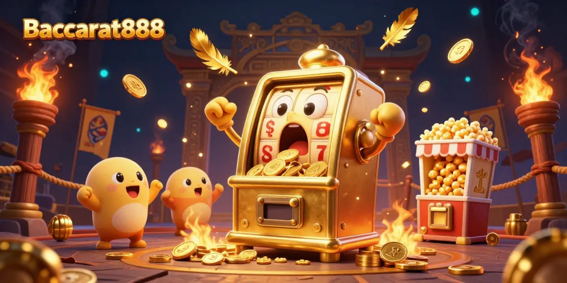 Baccarat888 winning strategies come alive as golden slot machines cheer in a vibrant casino scene.
