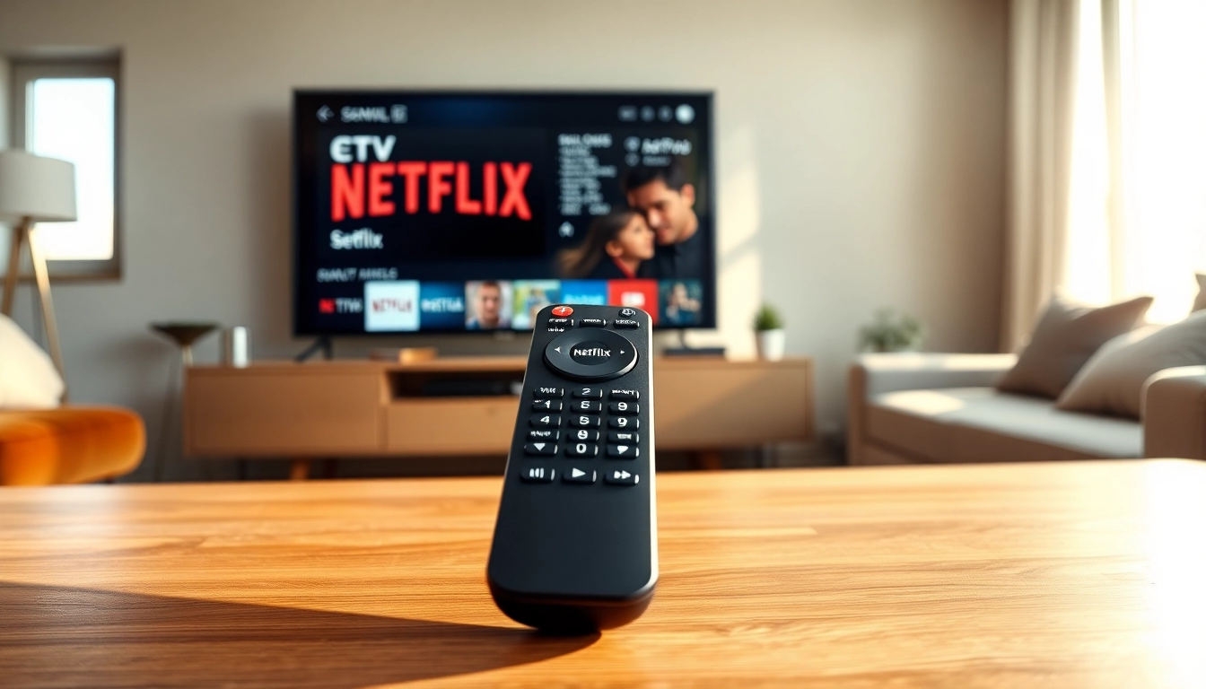 Fernbedienung mit Netflix Taste auf einem stilvollen Wohnzimmertisch.