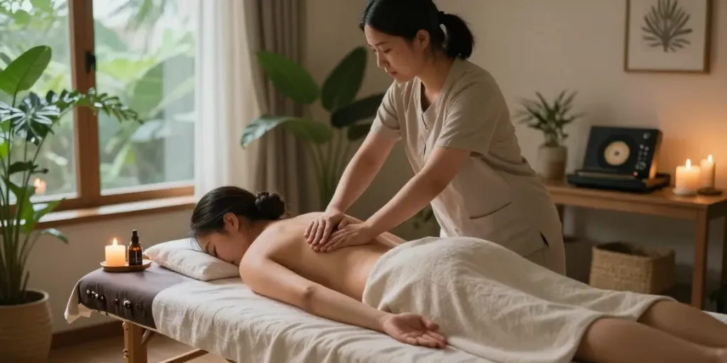 Relaxing 논현동출장마사지 session at home with serene ambiance and skilled therapist.