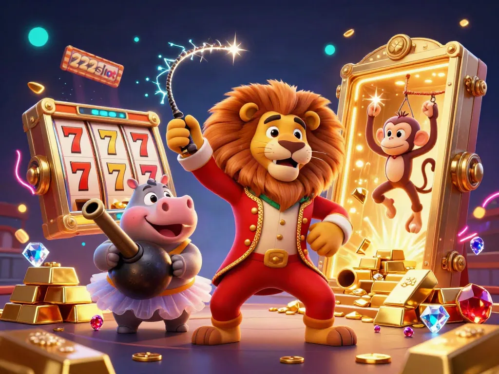 Gambarlah slot 222slot yang menakjubkan dengan harimau penguasa sirkus dan elemen permainan yang menarik.