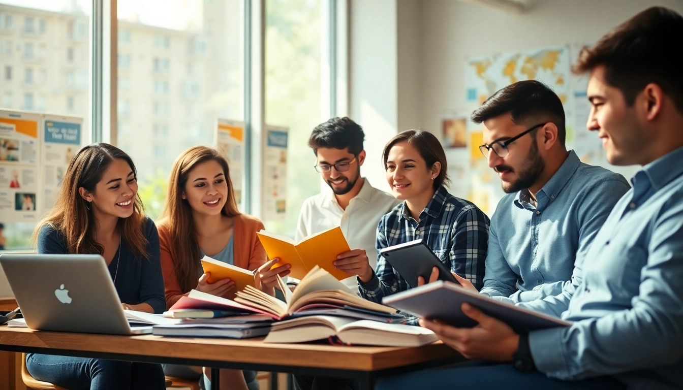 Motivated TOEFL test takers for hire collaborating in a bright study space.