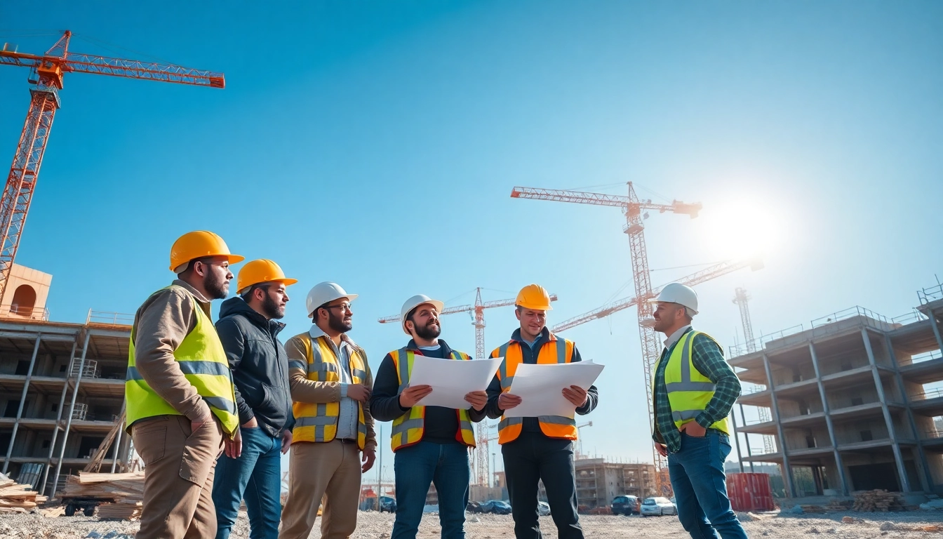 Construction career: Diverse team of construction workers engaged in a project at a bustling site.